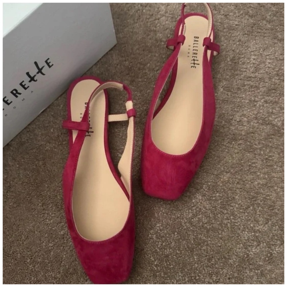 BALLERETTE • Fuchsia Suede Square Toe Slingback Ballet Flats Made In Italy - Picture 6 of 7